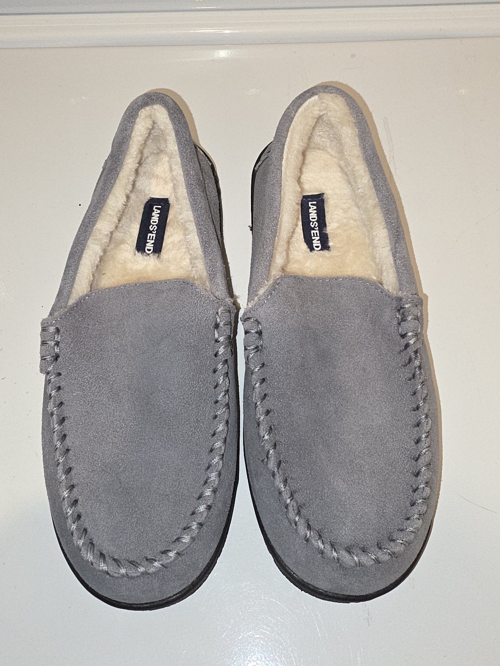Lands' End Gray Suede Shearling-Lined Moccasin Slippers